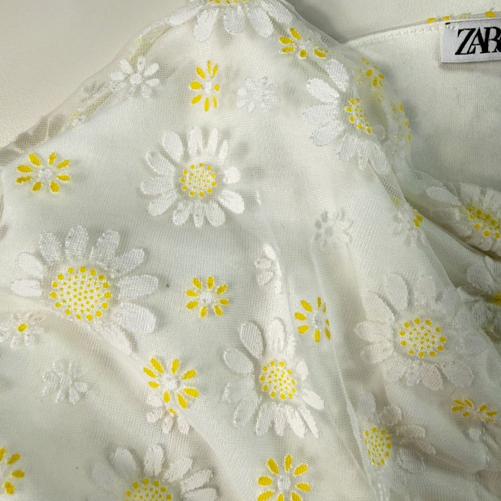 Zara White‎ Floral Mesh Top Sheer Ruched Crop Camisole Boho Summer Womens Small - Picture 6 of 10